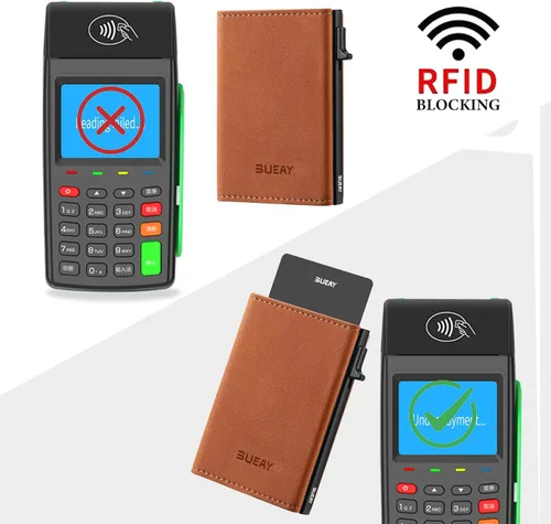 Miniatura 4 de BUEAY Tarjetero de cuero RFID, Marrón, Delgado y minimalista