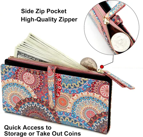 Miniatura 36 de Billeteras delgadas para mujer, tarjetero RFID plegable con bolsillo con cremallera, Mandala azul, Delgado