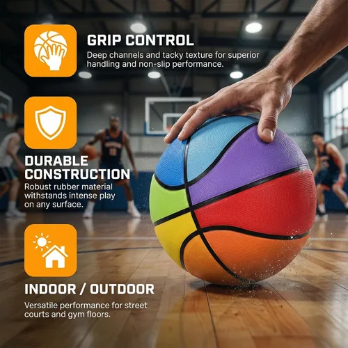 Miniatura 8 de Baloncesto de goma gruesa para niños y jóvenes, tamaño 3/4/5/6/7, para exteriores, colorido, 22/25.5/27.5/28.5/29.5 pulgadas, para regalos