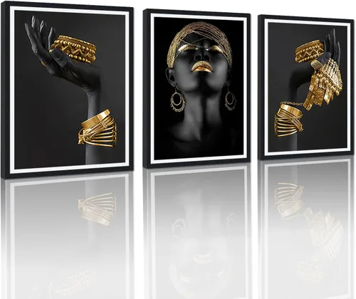 Miniatura 61 de MAMAGO Lienzo decorativo para pared, pintura de belleza dorada y negra, fotos de mujeres africanas, hermosos pósteres de mujer negra, impresiones