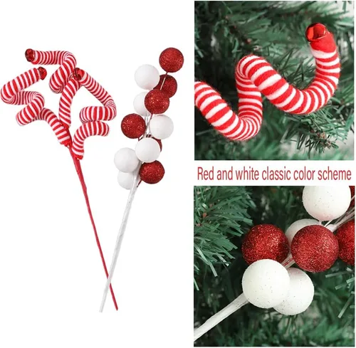 Miniatura 4 de 6 piezas de adornos para árbol de Navidad, varillas de lana rojas y blancas con lentejuelas y esferas colgantes para árbol de Navidad, adornos