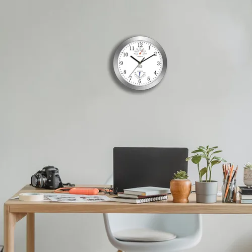 Miniatura 6 de HITO Reloj de pared silencioso de 10 pulgadas, funciona con pilas, sin tictac, con cubierta de vidrio, marco de aluminio plateado, para decoración