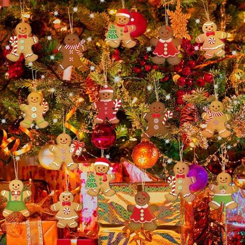 Miniatura 3 de Ferraycle 36 adornos navideños de pan de jengibre, decoraciones de árbol de Navidad, decoraciones de 3 pulgadas, adornos colgantes de madera