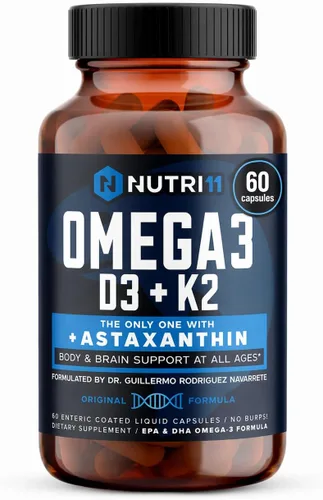 Nutri11 Aceite de pescado omega-3 con vitamina D3, K2 y astaxantina - Recubrimiento entérico, sin eructos a pescado - Formulado por médicos - 60