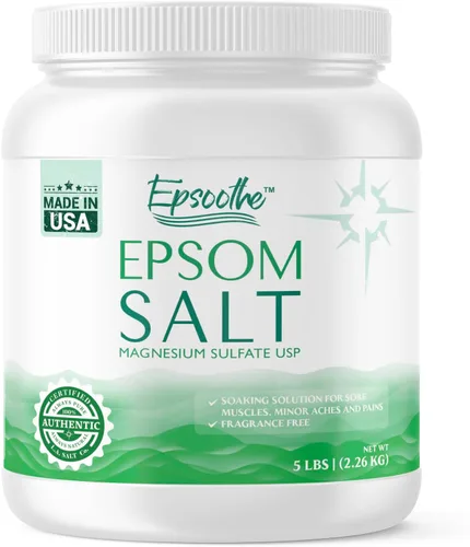 Epsoothe - Tarro de sal de Epsom de 5 libras para baño y remojo y exfoliante para pies | Sulfato de magnesio puro y natural USP | Alivia los