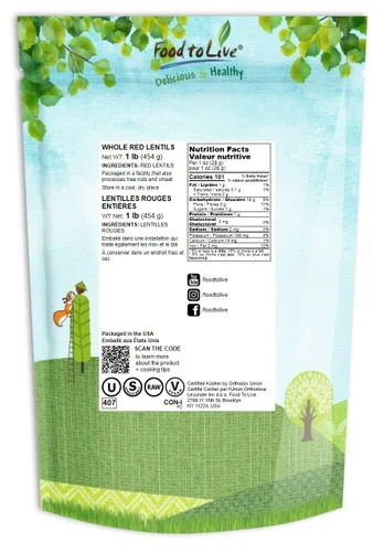 Miniatura 2 de Food to Live - Lentejas rojas enteras, 1 libra - Frijoles crudos secos, germinables, veganos, kosher, a granel. Fácil de cocinar. Buena fuente