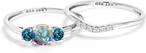 Miniatura 3 de Juego de anillos de compromiso nupcial de oro blanco de 10 quilates, topacio místico y topacio azul londinense y diamante cultivado en laboratorio