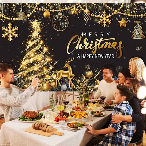 Miniatura 5 de Tiamon Telón de Fondo Banner de Fiesta Feliz Navidad para Decoración de Fiesta de Navidad y Año Nuevo (Azul Dorado, 72.8 x 43.3 Pulgadas)