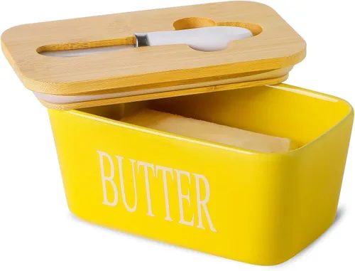 Miniatura 10 de Hasense Mantequillera de porcelana con tapa de bambú – Mantequera cubierta con cuchillo de mantequilla para encimera, recipiente hermético