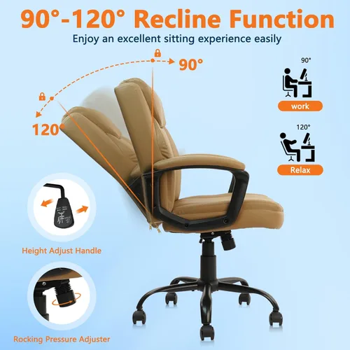 Miniatura 6 de CLATINA - Silla ejecutiva de oficina con respaldo medio de cuero, soporte lumbar y reposabrazos acolchados, diseño ergonómico ajustable y giratorio