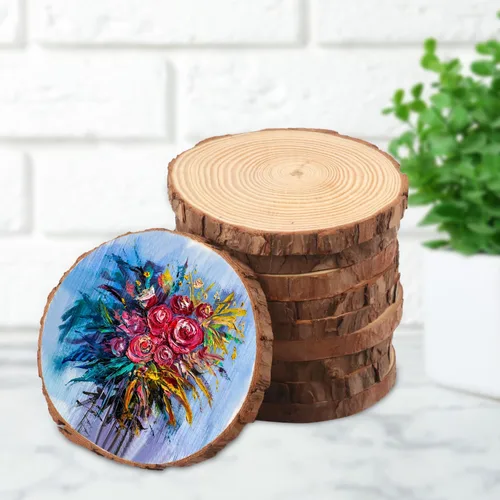 Miniatura 5 de 20 piezas de rebanadas de madera natural de 4.7 a 5.5 pulgadas, círculos de madera de pino sin terminar con cortezas para posavasos, manualidades