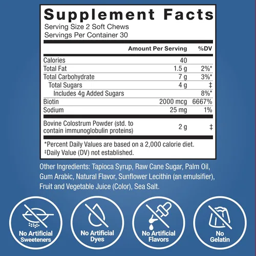 Miniatura 7 de Suplemento de calostro impresionante Force Factor, bayas y crema, 60 masticables suaves Bovine Colostrum with Biotin, Grass-Fed, Antibiotic-Free