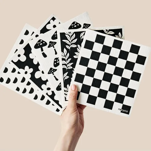 Miniatura 11 de RECYCO Paños suecos para cocina Paquete de 5 trapos geométricos lavables Toallas de papel de limpieza reutilizables de celulosa Paño