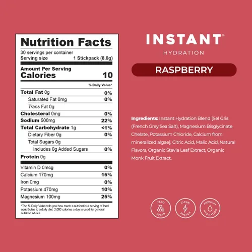 Miniatura 5 de Instant Hydration - Sobres de polvo de electrolitos - Bebida de electrolitos de frambuesa - Sin azúcar - Keto, vegano, sin gluten, sin OMG - Mejora