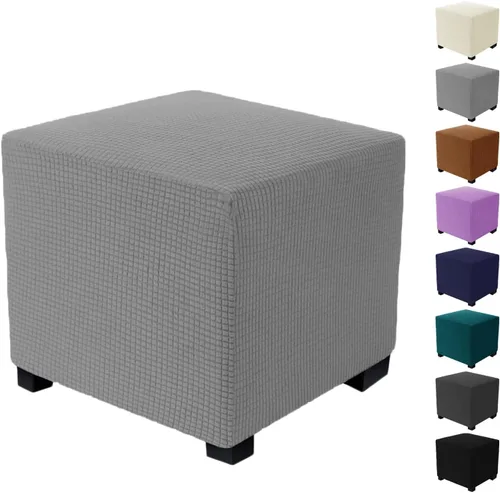 Miniatura 13 de Funda otomana a cuadros, funda elástica para reposapiés, funda otomana de almacenamiento cuadrada, lavable a máquina, plegable, protector de muebles