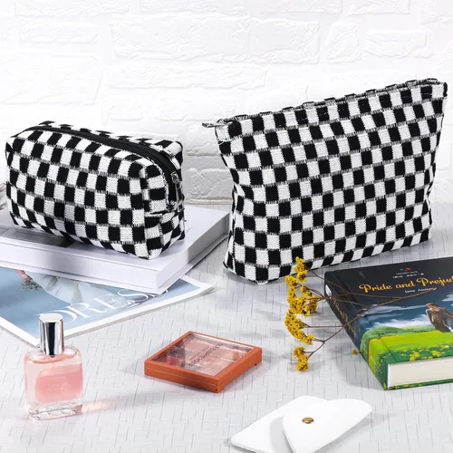 Miniatura 7 de ZLFSRQ Bolsa de maquillaje a cuadros para mujer, grande y pequeña, juego de bolsa de cosméticos a cuadros, bolsas de aseo de viaje, bolsa