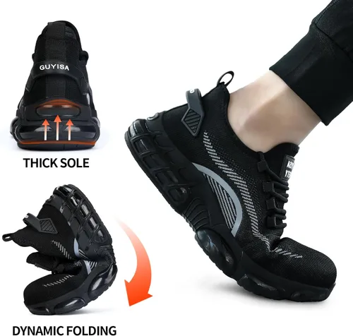 Miniatura 6 de BAIYIJIA Zapatos de punta de acero para hombre, zapatos de trabajo antideslizantes para construcción con amortiguación de aire, zapatos