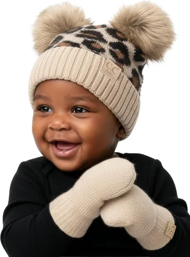 Funky Junque Conjunto de gorro y mitones con doble pompón de pelo sintético para bebé – Gorro de invierno para recién nacidos de 0–9 meses con
