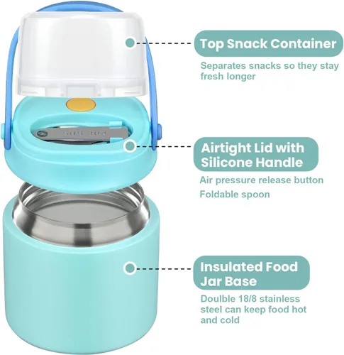 Miniatura 5 de Tarro de comida aislado 2 en 1 con un recipiente para aperitivos, termo de sopa para niños de 15 onzas para comida caliente con asa y cuchara, a