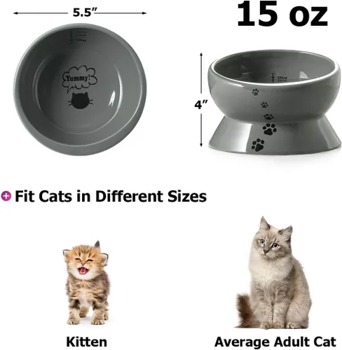 Miniatura 5 de Y YHY Cuenco elevado para comida para gatos, cuenco elevado para alimentos y agua para mascotas, cerámica, 15 onzas Gris