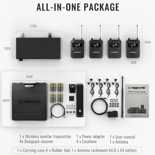 Miniatura 6 de Sistema de monitor inalámbrico en el oído Phenyx Pro, IEM dual para músicos, monitor de escenario mono, metal con 4 bodypacks, 50 frecuencias UHF