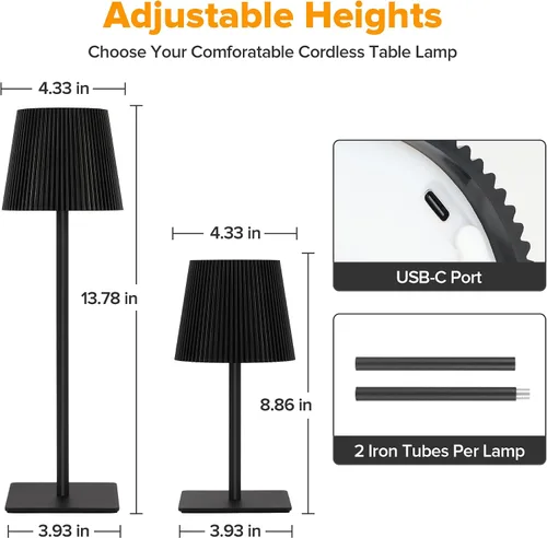 Miniatura 5 de LUTEC Paquete de 2 lámparas de mesa inalámbricas, lámpara de escritorio a batería recargable de 6000 mAh, dos alturas ajustables, impermeable, Negro