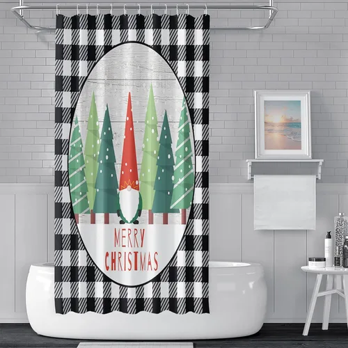 Miniatura 3 de Yeele Cortina de ducha de Feliz Navidad, diseño de rejilla blanca y negra, para invierno, árbol de Navidad, gnomo, juego de cortinas de ducha 2