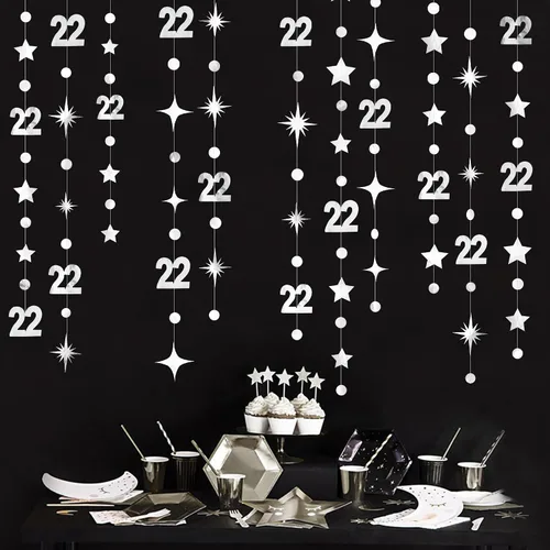 Miniatura 6 de Decoraciones Negras de Cumpleaños Número 22 Círculo Punto Estrella Guirnalda Serpentina Banderín Banner Telón de Fondo para Mujeres Hombres