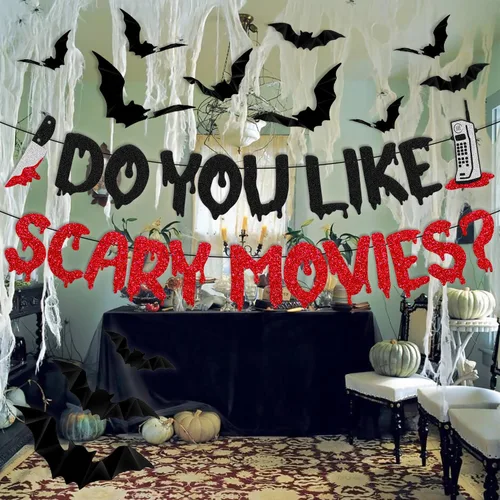 Miniatura 5 de Decoración de Halloween Do You Like Scary Movies Banner con adornos de murciélago en 3D, películas de terror sagradas, decoración de fiesta nocturna
