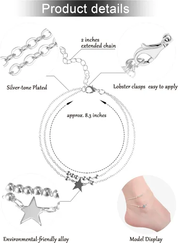 Miniatura 2 de Hicarer Juego de 16 pulseras de tobillo para mujeres y niñas, juego de tobilleras plateadas y doradas para niñas, tobilleras de playa bohemias