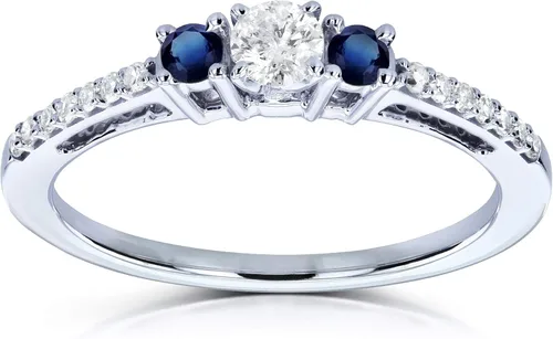 Kobelli Anillo de compromiso redondo de tres piedras de diamante y zafiro de 14 quilates TW en oro blanco de 10 quilates, Oro blanco de 10 quilates,