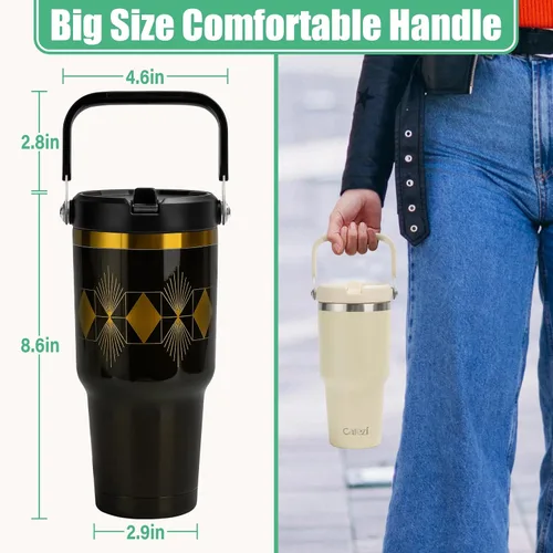 Miniatura 6 de Vaso de 30 onzas con tapa y pajita, vasos de acero inoxidable con aislamiento al vacío con pajita plegable y asa superior, botella de agua aislada