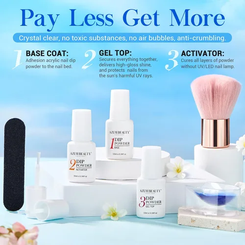Miniatura 7 de AZUREBEAUTY Kit de polvo de inmersión para uñas, color blanco y azul marino con purpurina, 4 colores, polvo de inmersión acrílico, juego líquido