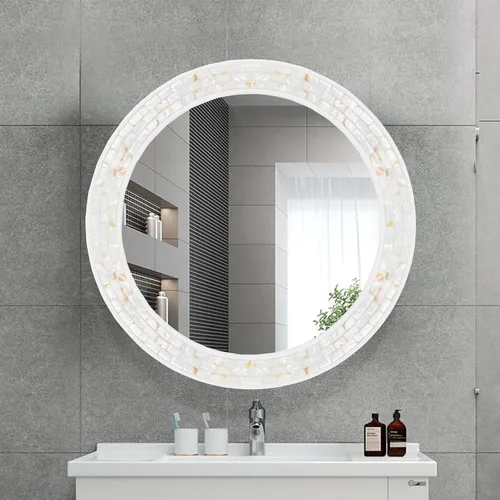 Miniatura 6 de Espejos de mosaico para pared de 24 pulgadas, con incrustaciones de nácar natural, espejo redondo con marco blanco para baño, dormitorio o entrada