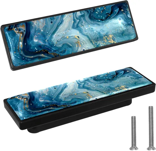 Miniatura 8 de LORVIES Paquete de 4 pomos decorativos de mármol de 3.6 pulgadas para gabinete, vidrio ABS largo rectangular negro, manijas de puerta de cajón