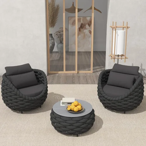 Miniatura 43 de TWT 3-Piece Woven Rope Patio Furniture Set, 2 Outdoor Armchairs with Soft Cushions + Round Aluminum Coffee Table, All-Weather Conversation Set for