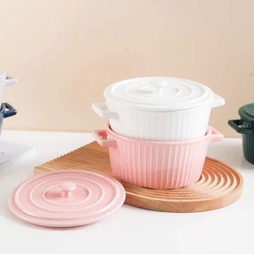 Miniatura 3 de Cacerola con tapa, cacerola de cerámica de 1.1 cuartos de galón para horno colorido (1, rosa)