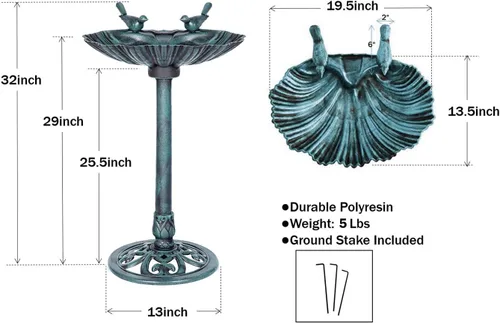 Miniatura 6 de Westcharm Bebedero para Pájaros de 29 Pulgadas, Ligero, de Resina Poli Verde Verdigris para Exteriores con Pájaros Decorativos y Base de Pedestal