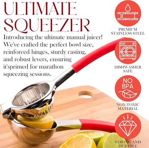 Miniatura 3 de Exprimidor de acero inoxidable - Prensa de jugo de cítricos de metal, prensa de jugo de fruta de lima con mango de silicona, exprimidor manual