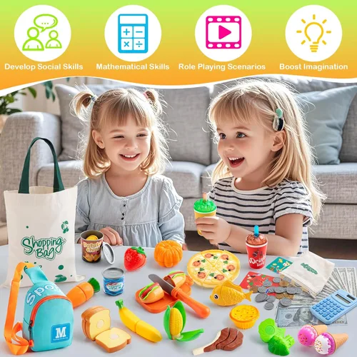 Miniatura 4 de Juegos de comida de juego de simulación para niños pequeños, juego de tienda de comestibles para niños con bolsas de compras, calculadora, cortar