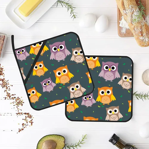 Miniatura 4 de Lindos soportes para ollas de búho de dibujos animados, 2 unidades para cocina, almohadillas calientes resistentes al calor para cocinar, asar a