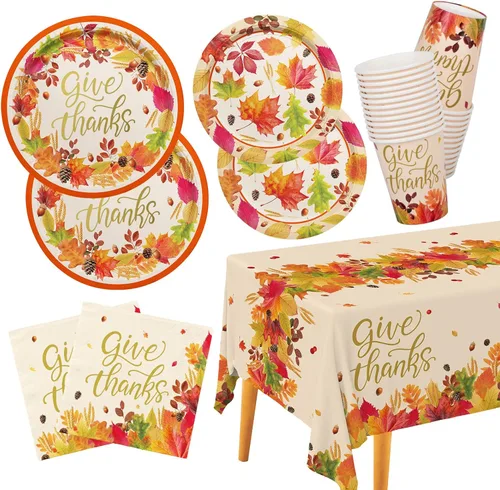 Kit de suministros para fiestas temáticas de otoño, sirve 25, vajilla desechable de cosecha de otoño incluye: platos llanos de papel, platos de