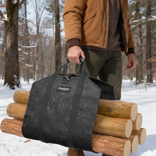 Miniatura 7 de Amagabeli - Bolsa de transporte de leña encerada, bolsa de transporte resistente para chimenea de leña grande con asas para camping, soporte