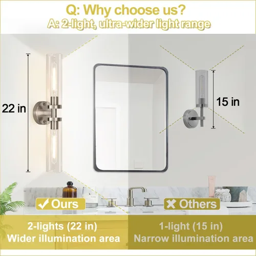 Miniatura 3 de Juego de 2 apliques de pared, apliques de baño de níquel cepillado cableados con vidrio transparente, apliques modernos para decoración de pared