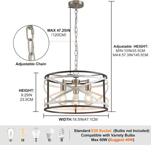 Miniatura 3 de Candelabros de granja para comedor, lámpara de metal de 3 luces, lámpara de araña rústica de 18.5 pulgadas, lámpara colgante para cocina, vestíbulo
