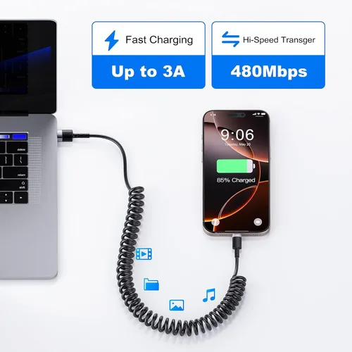 Miniatura 4 de CarPlay - Paquete de 2 cables de carga en espiral USB A a USB C para iPhone 15, cable de carga corto para automóvil/Uber, sincronización de datos