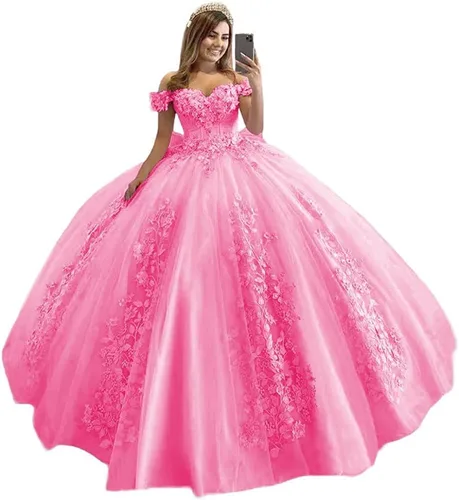 Loyeloy Vestidos de quinceañera con hombros descubiertos para niñas, vestidos de fiesta hinchados con flores 3D para adolescentes, vestidos de