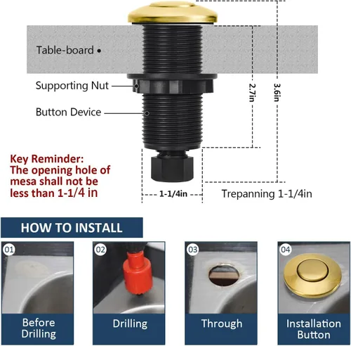 Miniatura 5 de Kit de interruptor de aire para eliminación de basura, salida única, desagüe de fregadero, acero inoxidable cepillado dorado, botón de Acero