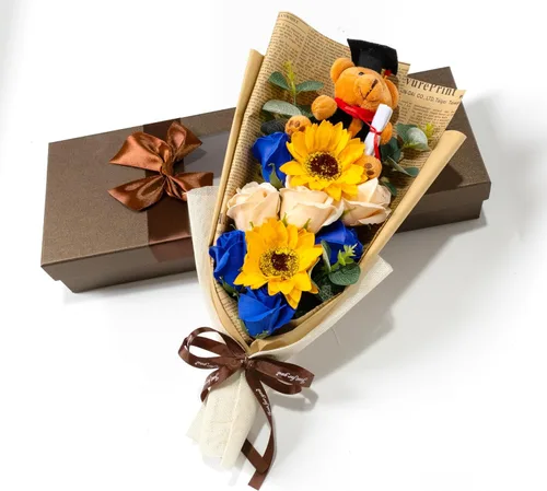 Ansuma Ramo de flores de jabón perfumado de girasol rosa de graduación de 13 pulgadas, mini oso de peluche con tapa de graduación, arreglos Azul
