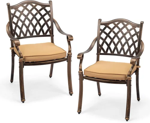 Miniatura 21 de VINGLI Juego de 2 sillas de patio apilables de aluminio fundido para exteriores con acabado negro vintage y patrón floral, sillones de metal